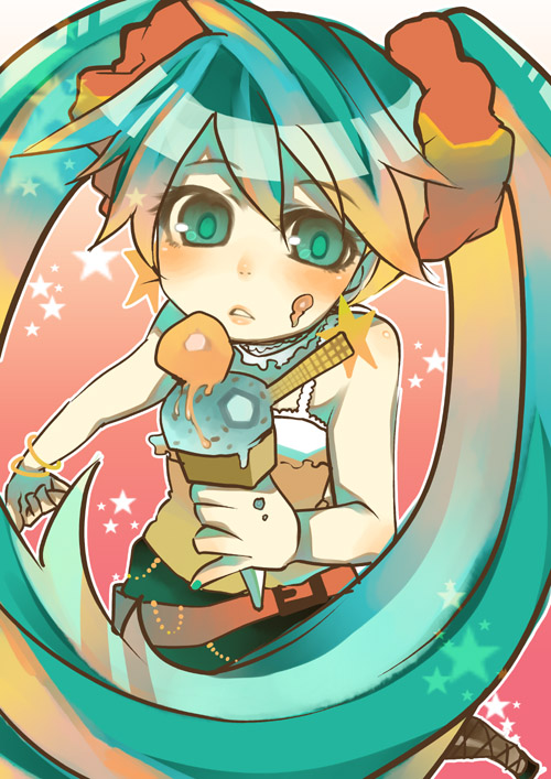 koyama kariko, hatsune miku, vocaloid, dessert, food, ice cream, ice cream cone, twintails