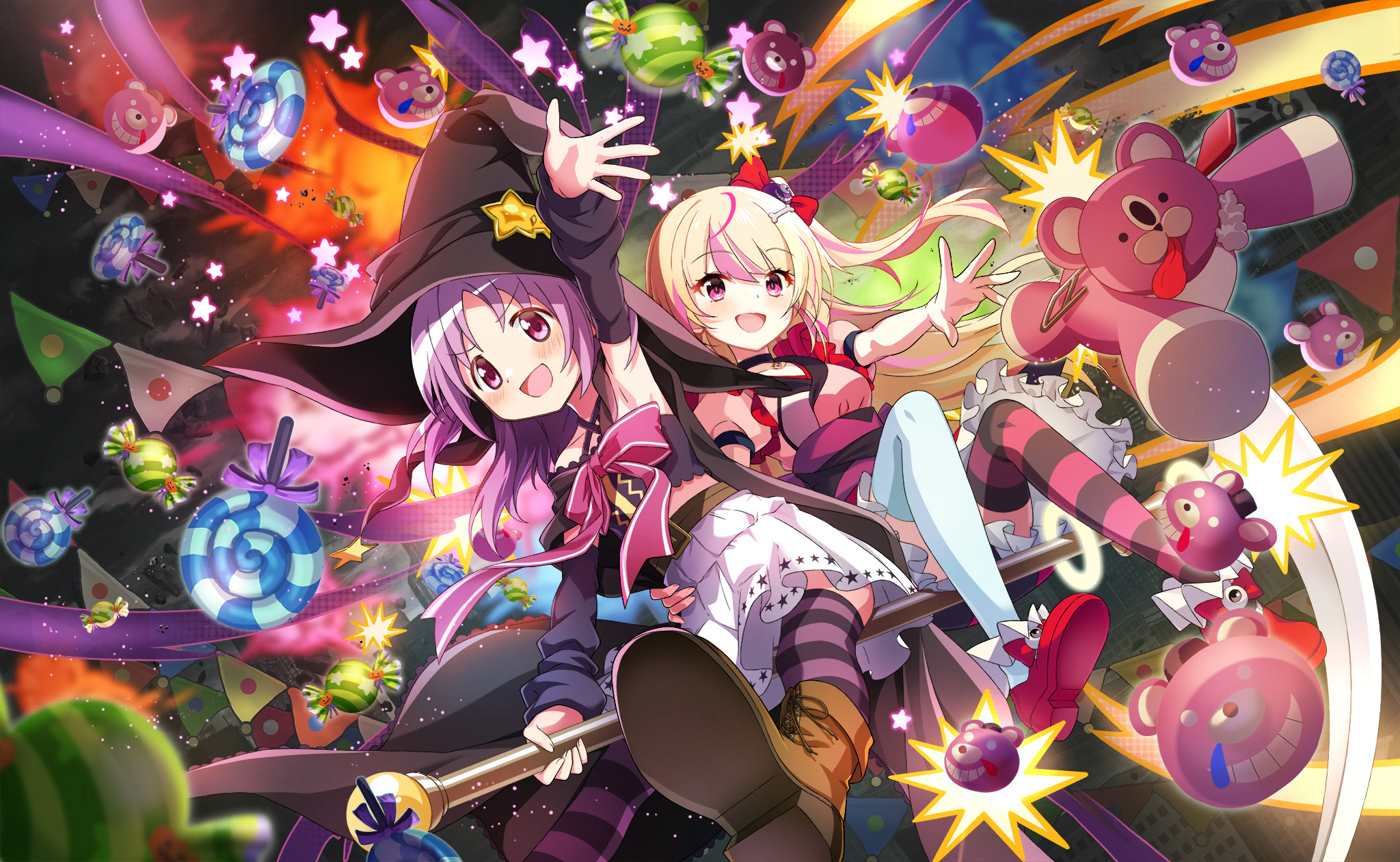 ashley taylor, misono karin, magia record: mahou shoujo madoka magica gaiden, mahou shoujo madoka magica, mahou shoujo madoka magica magia exedra, artist request, highres, official art, 2girls, armpits, asymmetrical legwear, bare arms, bare shoulders, belt, belt buckle, black cape, black choker, black hat, black shirt, black sleeves, black thighhighs, blonde hair, bomb, bomb hair ornament, bone hair ornament, boots, bow, bowtie, brown belt, brown boots, buckle, candy, cape, chest jewel, choker, collarbone, criss-cross halter, cropped shirt, detached sleeves, dot nose, explosion, explosive, eyelashes, eyes visible through hair, floating hair, food, frilled footwear, frilled skirt, frills, full body, furrowed brow, garland (decoration), gold buckle, hair bow, hair ornament, halftone, halterneck, hand on another's hip, happy, hat, hat ornament, high-waist skirt, holding, holding staff, lace-up boots, light blush, light particles, lollipop, long hair, long sleeves, looking at viewer, loose hair strand, magical girl, mary janes, midriff, miniskirt, mismatched legwear, multicolored hair, multiple girls, obi, one side up, open mouth, outstretched arm, pink bow, pink bowtie, pink eyes, pink hair, pink shirt, pink theme, pleated skirt, print skirt, puffy long sleeves, puffy short sleeves, puffy sleeves, purple hair, purple sash, purple thighhighs, red boots, red bow, red shoes, red skirt, sash, shirt, shoes, short sleeves, sitting, skirt, sleeveless, sleeveless shirt, smile, staff, star (symbol), star hat ornament, star print, streaked hair, striped clothes, striped thighhighs, stuffed animal, stuffed toy, stuffing, swept bangs, swirl lollipop, tareme, teddy bear, thighhighs, throwing, two-sided fabric, two-sided skirt, two-tone hair, two-tone thighhighs, two side up, white skirt, white thighhighs, witch's labyrinth, witch hat