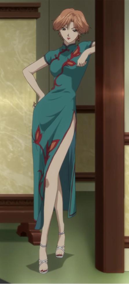 yakushiji ryouko, yakushiji ryouko no kaiki jikenbo, anime screenshot, stitched, third-party edit, china dress, chinese clothes, dress, earrings, high heels, jewelry, lipstick, makeup, shoes, short hair, solo, yakushiji ryoko, yakushiji ryoko no kaiki jikenbo