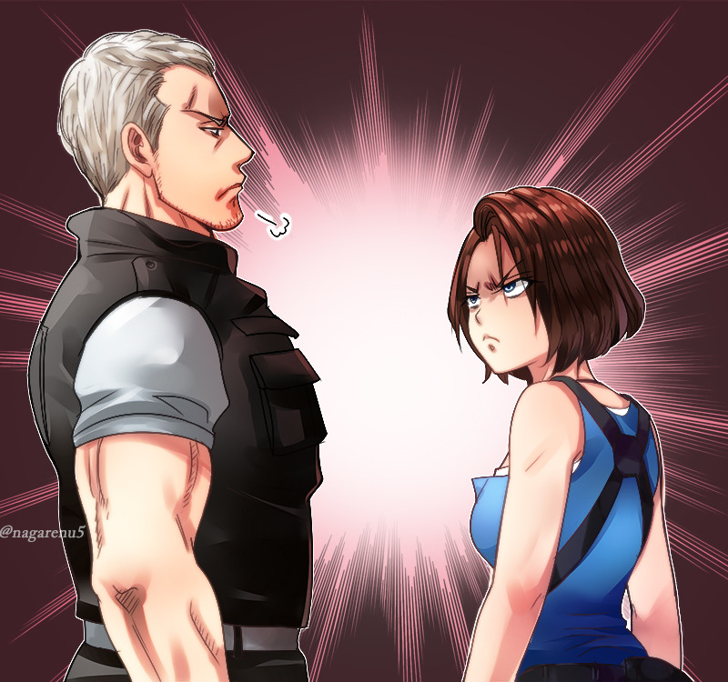 nagare, jill valentine, nikolai zinoviev, resident evil, resident evil 3: nemesis, resident evil 3 (remake), 1boy, 1girl, artist name, beard stubble, blue eyes, blue shirt, brown hair, bulletproof vest, facial hair, grey hair, serious, shirt, short hair, stubble