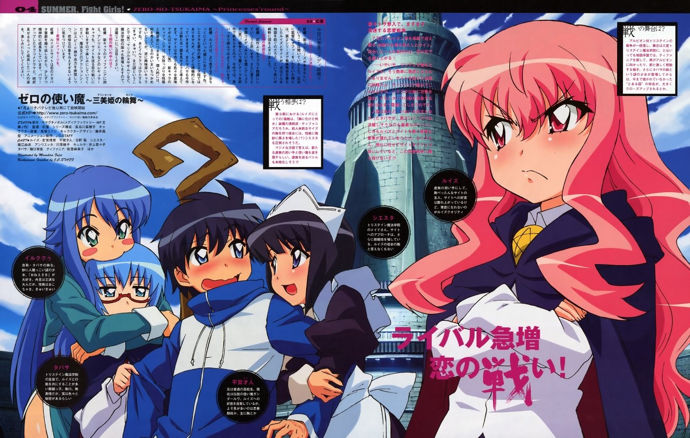 fujii masahiro, hiraga saito, louise francoise le blanc de la valliere, siesta (zero no tsukaima), sylpheed, tabitha (zero no tsukaima), zero no tsukaima, official art, scan, 00s, 1boy, 4girls, :d, angry, apron, arm hug, biting, black hair, blue eyes, blue hair, blunt bangs, blush, blush stickers, cape, castle, cloud, crossed arms, day, embarrassed, frown, glasses, green eyes, head biting, hood, hoodie, hug, hug from behind, long hair, maid, maid apron, maid headdress, multiple girls, open mouth, outdoors, pentacle, pink eyes, pink hair, school uniform, serafuku, short hair, sky, smile, staff, standing, very long hair, witch