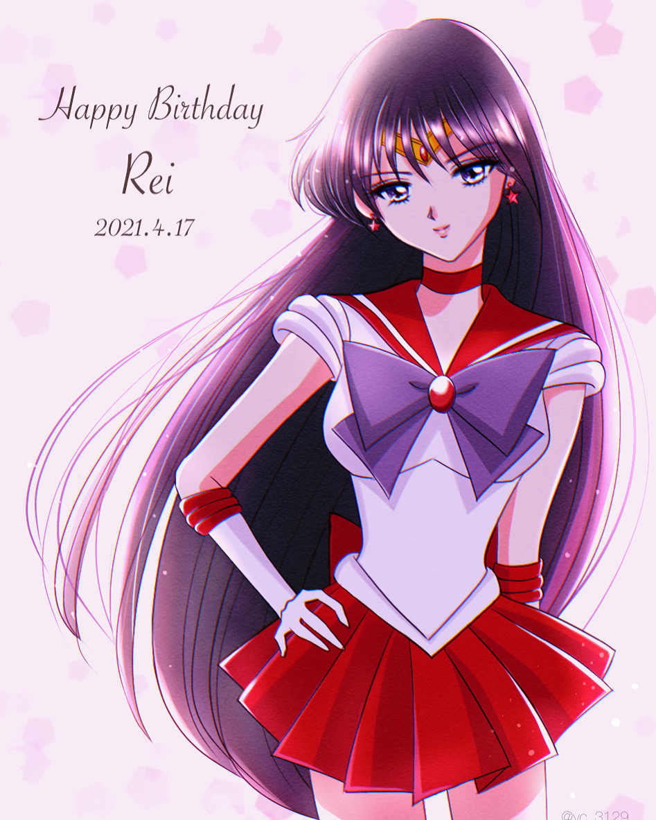 y-yazaki2406, hino rei, sailor mars, bishoujo senshi sailor moon, 1girl, black hair, character name, choker, dated, earrings, elbow gloves, gloves, happy birthday, jewelry, lips, long hair, pleated skirt, purple eyes, red choker, red sailor collar, red skirt, sailor collar, sailor senshi uniform, skirt, smile, solo, star (symbol), star earrings, very long hair, white gloves
