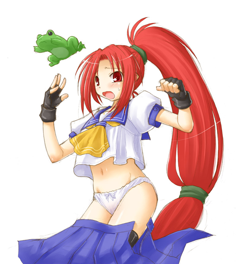 kasuga yukihito, toyota karina, asuka 120%, 1girl, blue sailor collar, female focus, frog, long hair, low-tied long hair, panties, red hair, sailor collar, solo, underwear