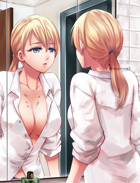 nagare, jill valentine, resident evil, resident evil 5, 1girl, artist name, blonde hair, breasts, long hair, looking at mirror, low ponytail, mirror, parted lips, ponytail, scar, scar on chest, shirt, white shirt