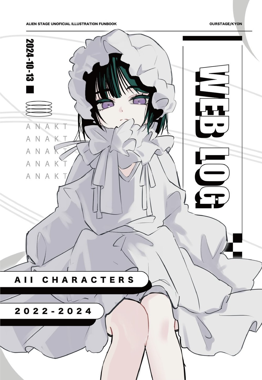 kyon (zmwh8222), sua (alien stage), alien stage, commentary request, highres, 1girl, aged down, black hair, bonnet, collar, dress, english text, frilled collar, frills, long sleeves, purple eyes, short hair, sitting, solo, white bonnet, white dress