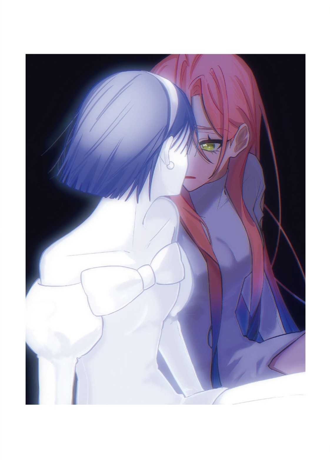kyon (zmwh8222), mizi (alien stage), sua (alien stage), alien stage, commentary request, highres, 2girls, bare shoulders, blue hair, blunt ends, bob cut, bow, chest bow, collarbone, dress, dress bow, earrings, green eyes, hairband, jewelry, juliet sleeves, long hair, long sleeves, multicolored hair, multiple girls, open mouth, pink hair, puffy sleeves, short hair, turtleneck, turtleneck dress, two-tone hair, very long hair, white dress, yuri