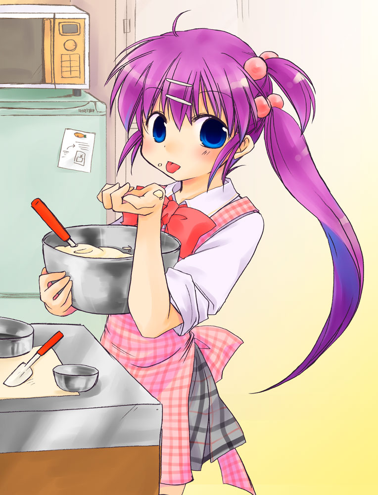 makiemon, saigusa haruka, little busters!, 1girl, apron, baking, female focus, hair ornament, long hair, purple hair, sleeves rolled up, solo