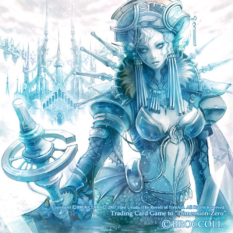 usuda hiro, usudahiro, dimension zero, lowres, 1girl, aqua theme, armor, artist name, blue skin, castle, cloud, colored skin, crystal, fantasy, female focus, hair ornament, hat, mermaid, monochrome, monster girl, pauldrons, scales, shoulder armor, solo, staff