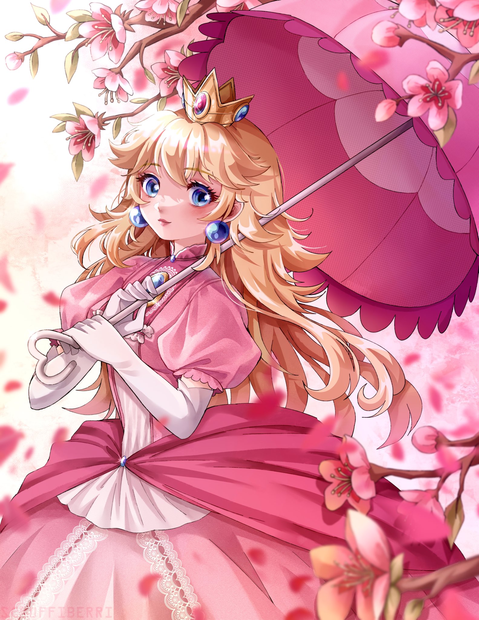 scruffiberri, princess peach, mario (series), nintendo, commentary, highres, symbol-only commentary, 1girl, blonde hair, blue eyes, blush, breasts, crown, dress, earrings, elbow gloves, flower, gloves, hat, holding, holding umbrella, jewelry, long hair, looking at viewer, petals, pink dress, pink umbrella, smile, solo, sphere earrings, umbrella, white gloves