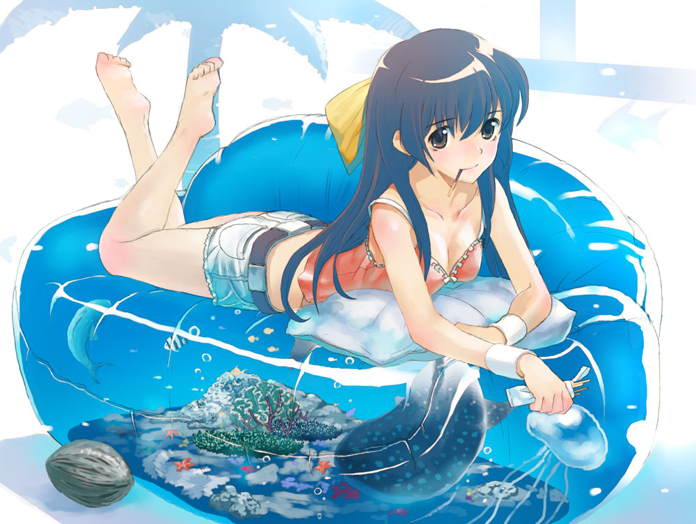 hirokiku, original, 1girl, barefoot, blue hair, breasts, brown eyes, camisole, cleavage, coconut, couch, denim, denim shorts, feet, female focus, fish, food, jellyfish, long hair, lying, medium breasts, mouth hold, on stomach, pocky, shorts, solo, water
