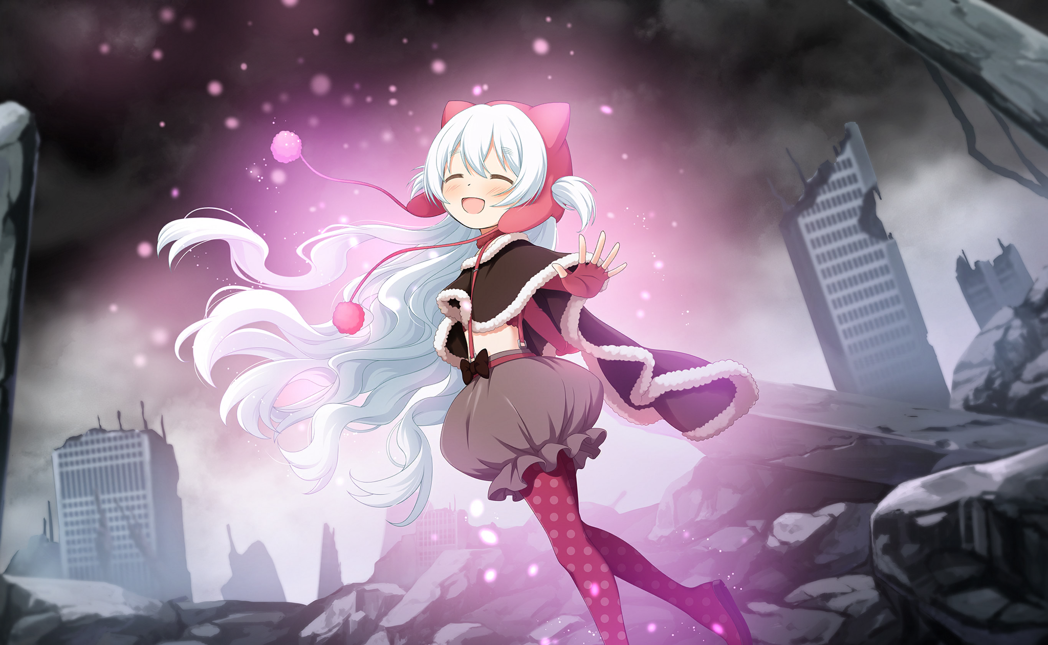 momoe nagisa, magia record: mahou shoujo madoka magica gaiden, mahou shoujo madoka magica, mahou shoujo madoka magica magia exedra, artist request, game cg, highres, official art, 1girl, ^ ^, animal ear headwear, animal ears, beanie, belt, black bow, black cloak, boots, bow, bow skirt, brown choker, brown shirt, bubble skirt, buckle, building, cat ears, choker, cloak, closed eyes, cloud, cloudy sky, crop top, dot nose, earflap beanie, fake animal ears, fingerless gloves, floating clothes, floating hair, foot out of frame, frilled skirt, frills, fur-trimmed cloak, fur choker, fur trim, gloves, glowing, grey skirt, hair between eyes, hair through headwear, happy, hat, light particles, long hair, magical girl, midriff, miniskirt, official alternate color, open mouth, outdoors, pink belt, pink boots, pink gloves, pink hat, polka dot footwear, pom pom (clothes), ruins, shirt, skirt, sky, skyscraper, smile, solo, suspender skirt, suspenders, thigh boots, two side up, very long hair, waving, wavy hair, white hair