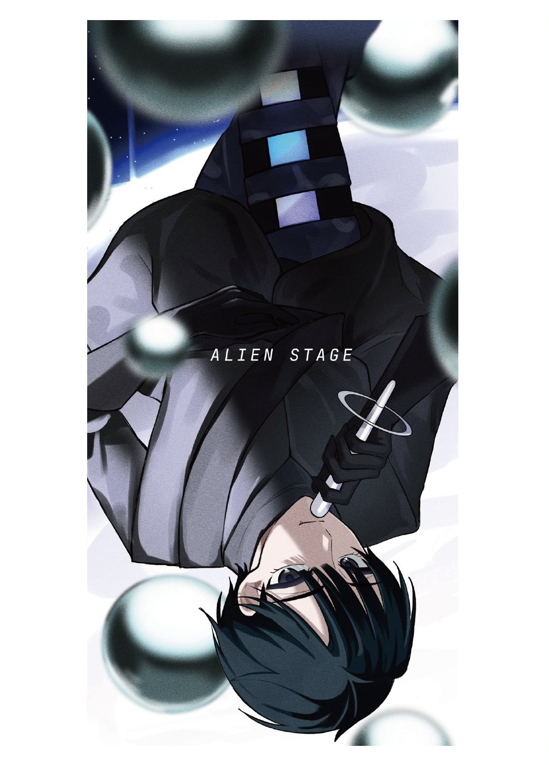 kyon (zmwh8222), ivan (alien stage), alien stage, commentary request, highres, 1boy, black coat, black eyes, black gloves, black hair, black shirt, closed mouth, coat, copyright name, fang, fang out, gloves, holding, holding microphone, male focus, microphone, shirt, short hair, solo, upside-down, very short hair