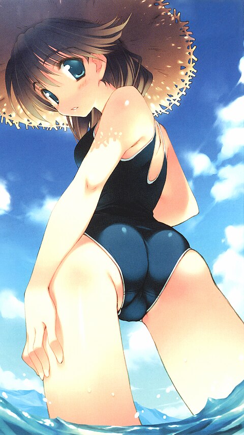 amazuyu tatsuki, komaki ikuno, to heart (series), to heart 2, to heart 2 ad, 00s, 1girl, ass, back, blue eyes, blush, brown hair, cloud, day, female focus, from behind, from below, hat, long hair, looking back, ocean, one-piece swimsuit, outdoors, school swimsuit, sky, solo, straw hat, swimsuit, wading, water, wet