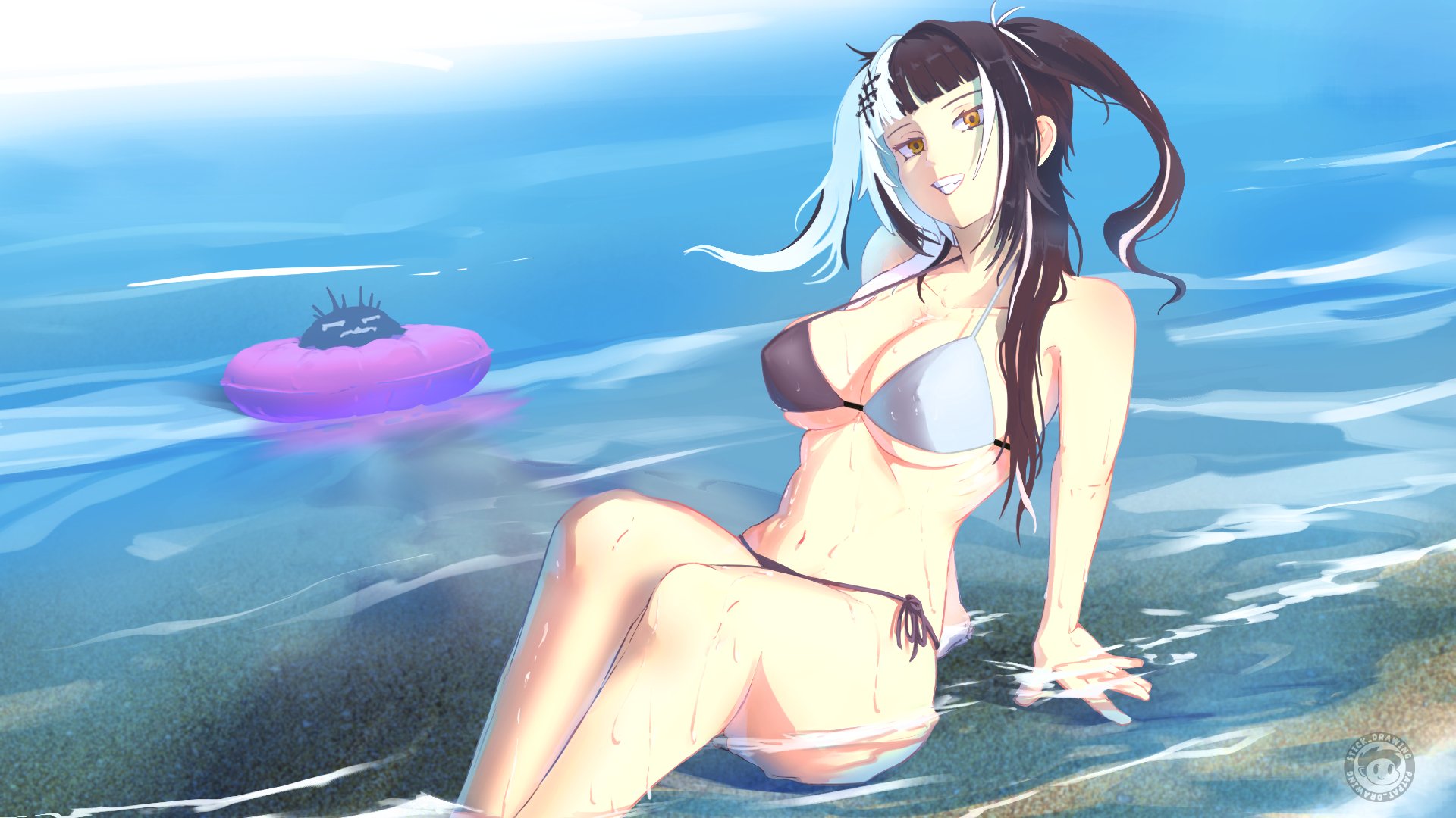 stick drawing, shiori novella, holoadvent, hololive, hololive english, highres, 1girl, 1other, bikini, black bikini, black hair, breasts, cleavage, halterneck, large breasts, long hair, multicolored hair, navel, ocean, sand, side-tie bikini bottom, smile, string bikini, swim ring, swimsuit, thighs, two-tone hair, water, watermark, wet, white bikini, white hair, yellow eyes