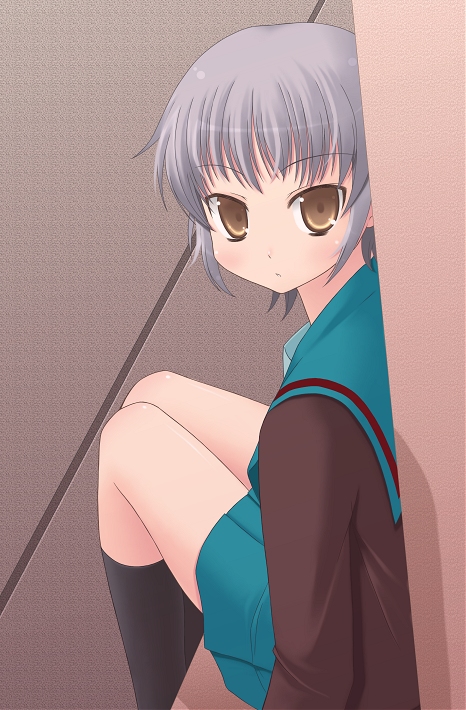 amamiya minato, nagato yuki, suzumiya haruhi no yuuutsu, 00s, looking back, school uniform, serafuku, sitting, solo