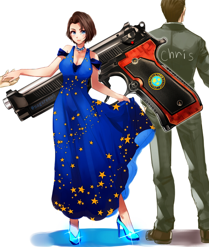 nagare, chris redfield, jill valentine, resident evil, 1boy, 1girl, artist name, black jacket, blue dress, blue eyes, brown hair, dress, gun, handgun, high heels, jacket, jewelry, necklace, simple background, sparkle, star (symbol), star print, weapon, white background