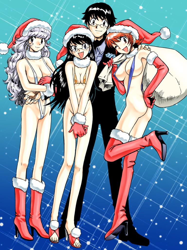 akashi kaoru, minamoto kouichi, nogami aoi, sannomiya shiho, zettai karen children, silver hair, character request, 00s, 3girls, aged up, bikini, black eyes, black hair, boots, breasts, brown eyes, christmas, cleavage, covered erect nipples, glasses, hat, high heels, large breasts, long hair, long legs, medium breasts, micro bikini, multiple girls, pinky out, red hair, santa bikini, santa costume, santa hat, short hair, sideboob, slingshot swimsuit, small breasts, swimsuit, thighhighs