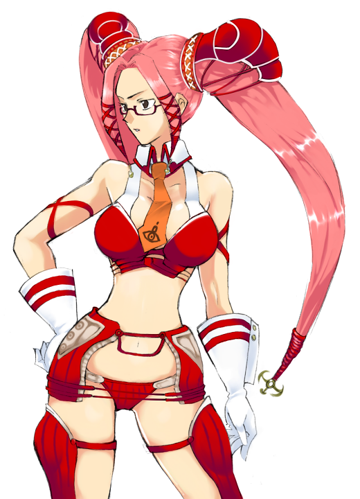 san dai wa jou, pi (.hack//), .hack//, .hack//g.u., bandai, cyber connect 2, 00s, 1girl, bare shoulders, breasts, brown eyes, female focus, glasses, gloves, long hair, necktie, pink hair, revealing clothes, solo, thighs, twintails