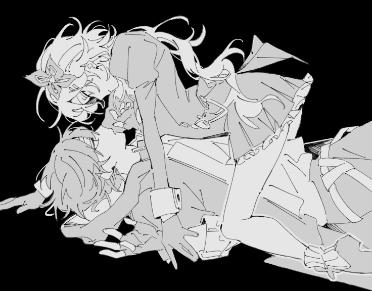 okktru, caelus (honkai: star rail), evernight (honkai: star rail), march 7th (honkai: star rail), trailblazer (honkai: star rail), honkai: star rail, honkai (series), 1boy, 1girl, all fours, belt, closed mouth, coat, dress, fingerless gloves, flower, frills, gloves, greyscale, hair between eyes, hair flower, hair ornament, hairclip, half-closed eyes, hetero, hood, hooded coat, lapels, long hair, long sleeves, looking at another, looking down, looking up, low twintails, lying, monochrome, official alternate costume, official alternate hairstyle, on back, open clothes, open coat, pants, puffy long sleeves, puffy sleeves, shirt, shoes, short hair, simple background, socks, t-shirt, twintails, two-tone dress