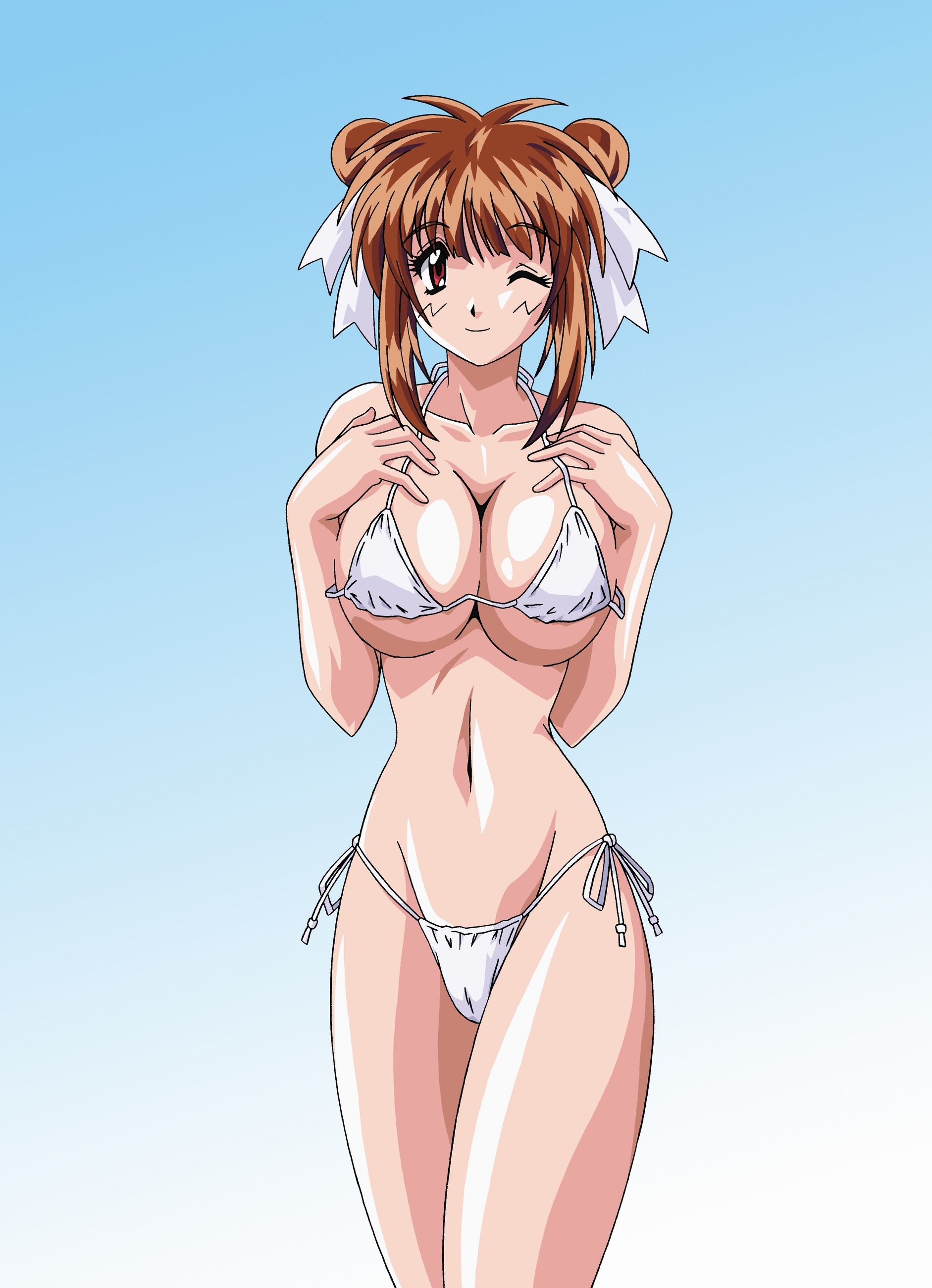 rudoni, nanako, shichigusa nanako, nanako kaitai shinsho, absurdres, highres, 1990s (style), 1girl, bikini, breasts, breasts squeezed together, brown hair, double bun, female focus, hair bun, large breasts, nurse, one eye closed, red eyes, retro artstyle, side-tie bikini bottom, smile, solo, swimsuit, thighs, underboob, white bikini, wink