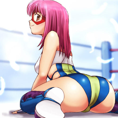haruyama kazunori, whitey swan, bakkotsu shoujo giri giri purin, lowres, 1girl, arched back, arm support, ass, blurry, blush, boots, brown eyes, clothing cutout, depth of field, domino mask, feathers, female focus, fingerless gloves, fingernails, gloves, huge ass, indoors, knee boots, leaning forward, leotard, light smile, long fingernails, long hair, looking at viewer, looking back, mask, midriff, pink hair, profile, side cutout, sitting, smile, solo, spread legs, thick thighs, thighs, wariza, wrestler, wrestling outfit, wrestling ring