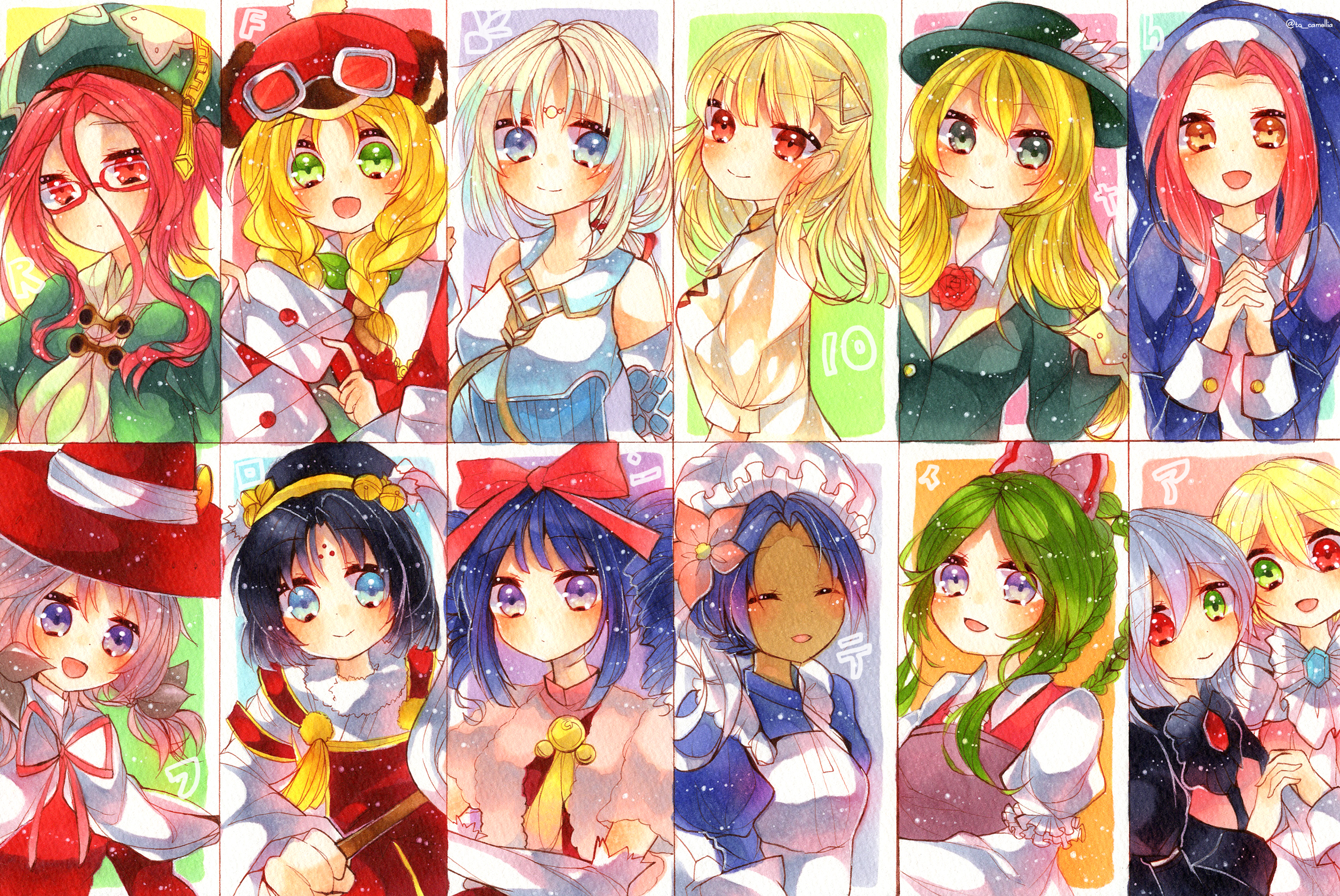 to camellia, anette, bianca (rune factory), drop (rune factory), eunice, iris (rune factory), lara (rune factory), melody (rune factory), mist (rune factory), rosetta, selphy, tabatha, uzuki (rune factory), rune factory, rune factory frontier, highres, marker (medium), traditional media, 6+girls, ^ ^, black hair, blonde hair, blue eyes, blue hair, blue hat, bonnet, bow, braid, brown eyes, closed eyes, dark-skinned female, dark skin, everyone, frilled bonnet, frills, glasses, green eyes, green hair, green hat, grey hair, hair between eyes, hair bow, hat, heterochromia, holding hands, long hair between eyes, multiple girls, pink hair, purple eyes, red eyes, red hair, red hat, split mouth, twin braids, upper body, white bonnet, white hair, witch hat