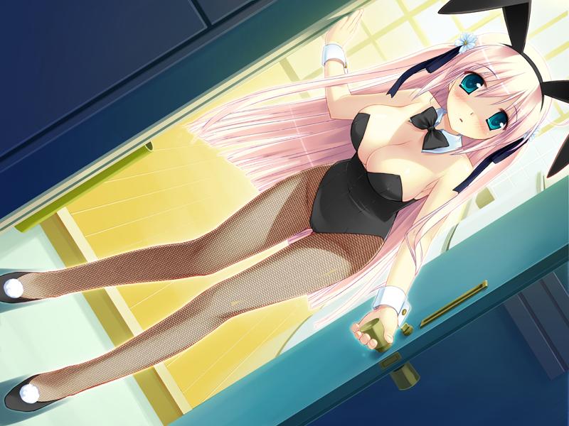 miyasu risa, sonoo koo, sonowo coo, koibito doushi de suru koto zenbu, jpeg artifacts, 1girl, animal ears, aqua eyes, bare shoulders, blue eyes, blush, bow, breasts, cleavage, fake animal ears, female focus, fishnet pantyhose, fishnets, large breasts, long hair, pantyhose, pink hair, playboy bunny, rabbit ears, solo, wrist cuffs