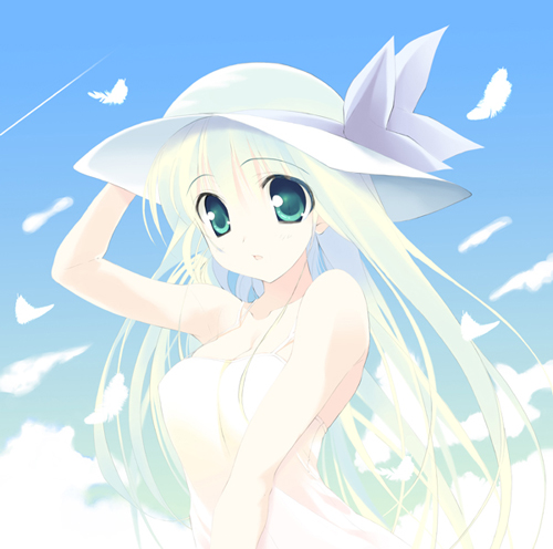 original, lowres, aqua eyes, cloud, day, dress, feathers, hat, long hair, sky, sleeveless, solo, sundress, white hair