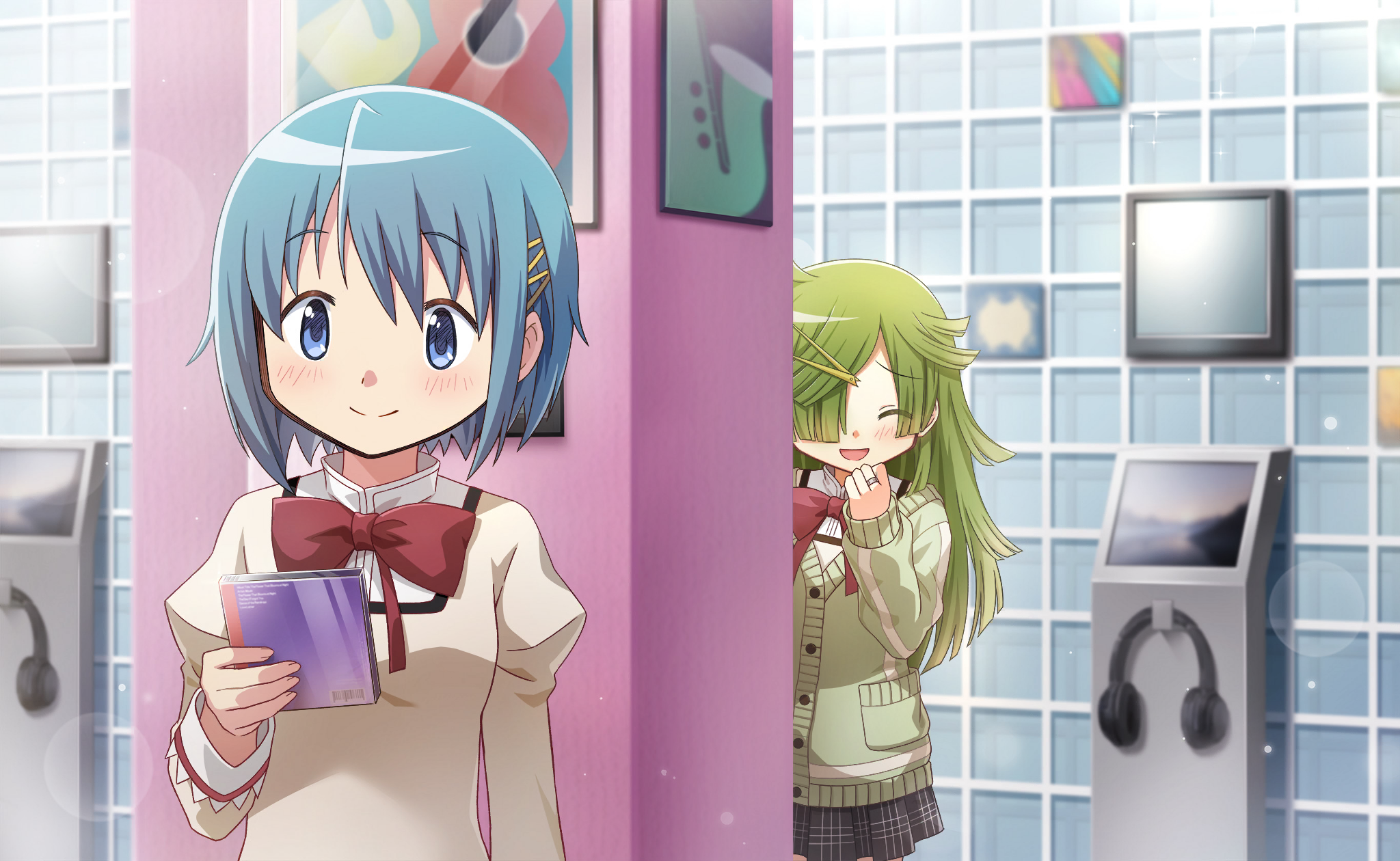 aki mabayu, miki sayaka, magia record: mahou shoujo madoka magica gaiden, mahou shoujo madoka magica, mahou shoujo madoka magica magia exedra, artist request, game cg, highres, official art, 2girls, black skirt, blue eyes, blue hair, blunt bangs, blunt ends, bow, bowtie, cd case, closed mouth, collared shirt, cowboy shot, dot nose, eyes visible through hair, fingernails, green hair, green jacket, guitar, hair ornament, hair over one eye, hairclip, hand on own chin, happy, headphones, hiding, high collar, holding record, indoors, instrument, jacket, jewelry, juliet sleeves, lace-trimmed sleeves, lace trim, laughing, light blush, light particles, long hair, long sleeves, looking at object, messy hair, miniskirt, mitakihara school uniform, multiple girls, open mouth, painting (object), pillar, plaid clothes, plaid skirt, pleated skirt, pocket, puffy sleeves, red bow, red bowtie, ring, saxophone, school uniform, shirt, shop, short hair, skirt, sleeve cuffs, sleeves past wrists, smile, sweater jacket, tareme, unworn headphones, upper body, white sleeve cuffs, yellow shirt