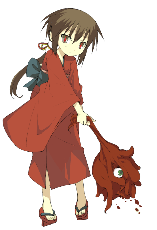 ikura hato, kurame, saya (saya no uta), guro cure, kusari hime: euthanasia, saya no uta, brown eyes, brown hair, eyeball, geta, japanese clothes, kimono, ponytail, slit pupils, solo