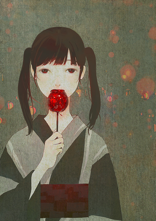 kumaori jun, original, black eyes, black hair, candy apple, food, japanese clothes, kimono, solo, twintails, yukata