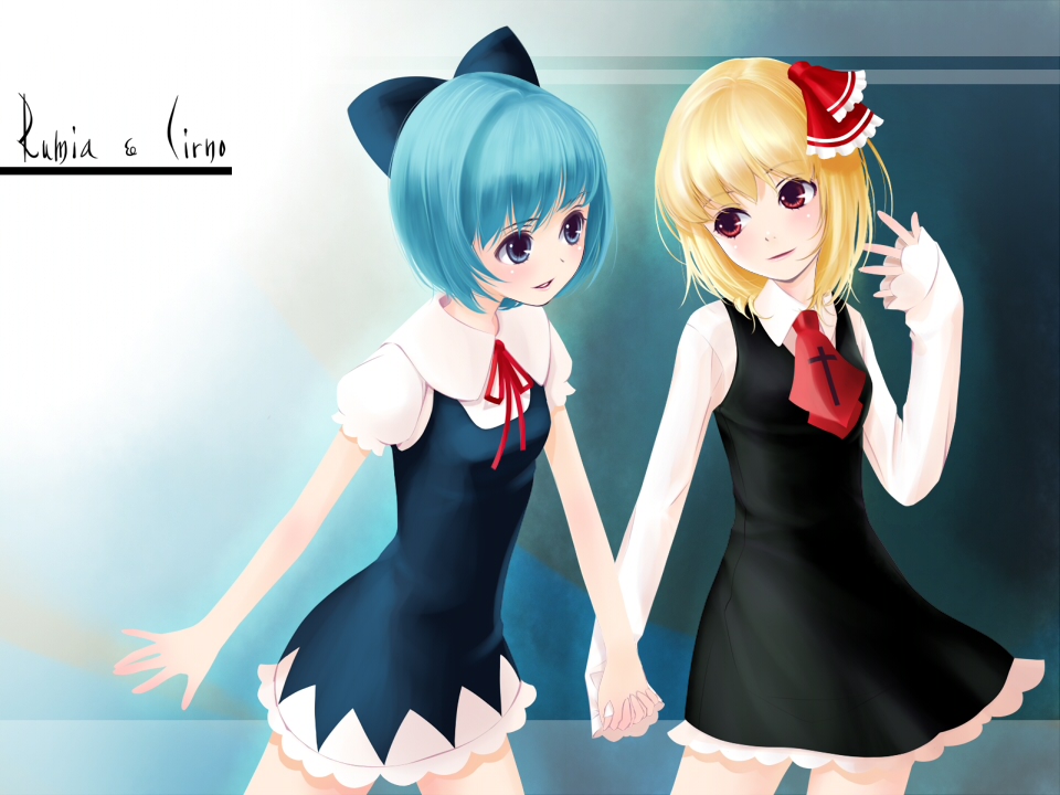 yori, yori (shitsuon), cirno, rumia, embodiment of scarlet devil, touhou, 2girls, blonde hair, blouse, blue hair, bow, character name, female focus, hair bow, hair ribbon, holding hands, interlocked fingers, multiple girls, red eyes, ribbon, shirt