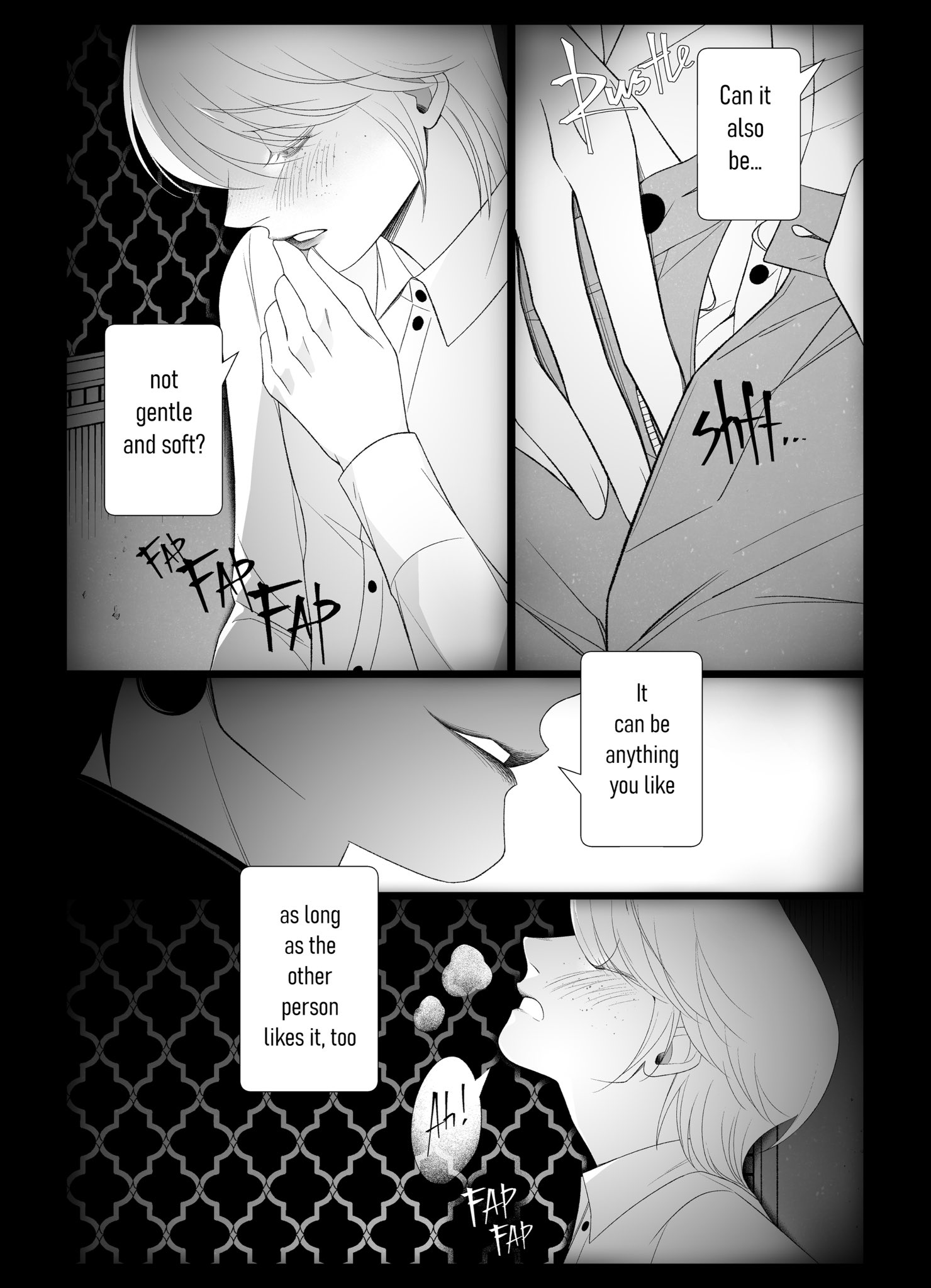 chrollo lucilfer, kurapika, hunter x hunter, highres, 2boys, 63roku63, alternate universe, androgynous, confessional, confessional interior, greyscale, masturbation, monochrome, multiple boys, speech bubble, yaoi