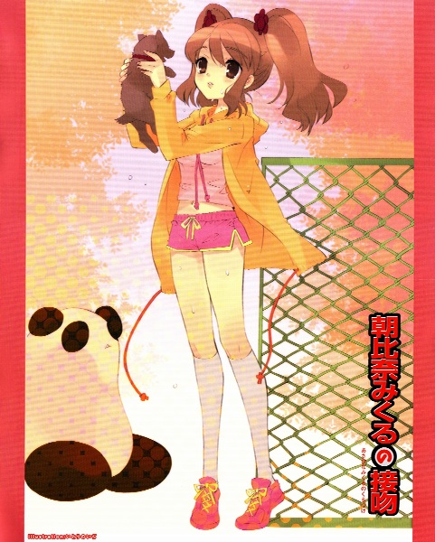 ito noizi, asahina mikuru, suzumiya haruhi no yuuutsu, non-web source, 00s, 1girl, brown eyes, brown hair, casual, dog, female focus, hood, hoodie, midriff, official alternate hairstyle, panda, solo, stuffed animal, stuffed panda, stuffed toy, twintails