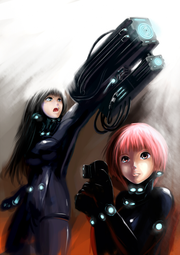 pondel, kishimoto kei, shimohira reika, gantz, bad id, bad pixiv id, 00s, black hair, bodysuit, breasts, gantz suit, h-gun, large breasts, long hair, x-gun