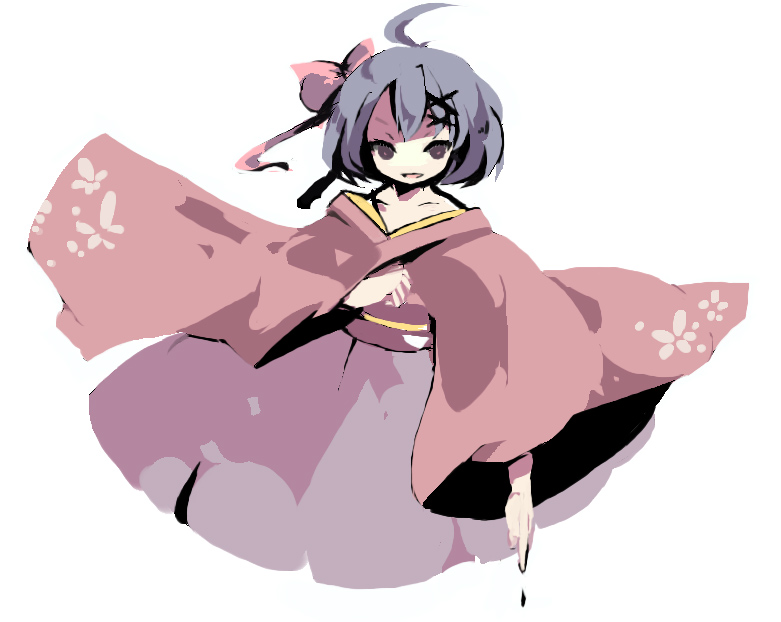 keko, original, 1girl, ahoge, brown eyes, collarbone, expressionless, female focus, full body, japanese clothes, kimono, long sleeves, looking at viewer, parted lips, purple hair, shaded face, shoes, simple background, solo, white background, wide sleeves