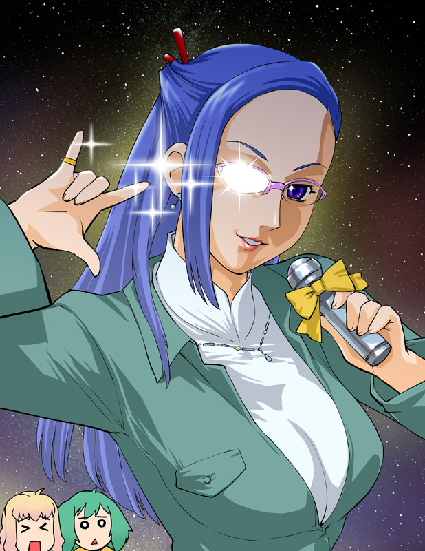ueyama michirou, grace o'connor, ranka lee, sheryl nome, macross, macross frontier, 00s, 3girls, m/, blue eyes, blue hair, glasses, glint, holding, jewelry, looking at viewer, microphone, multiple girls, necklace, o o, over-rim eyewear, ring, seikan hikou, semi-rimless eyewear, solo focus