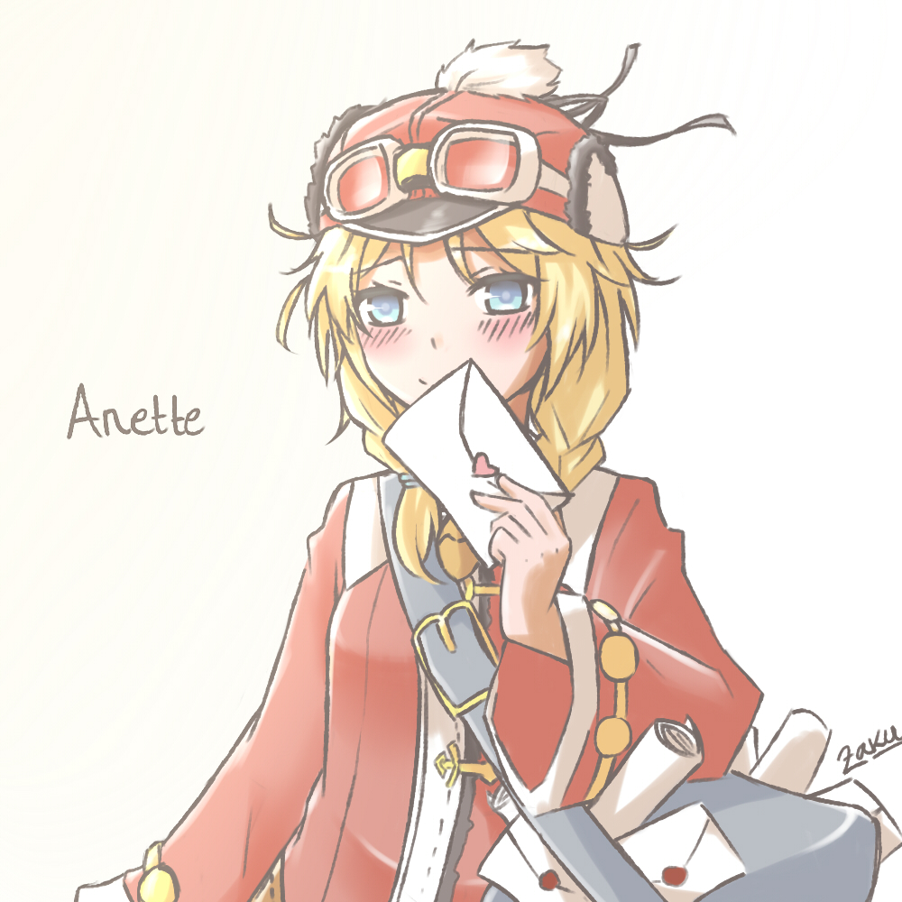 zakuromu, anette, rune factory, rune factory frontier, commentary, english commentary, 1girl, artist name, blonde hair, blue eyes, blush, character name, goggles, goggles on headwear, hat, holding, holding letter, letter, mailman, red hat, signature, solo, upper body
