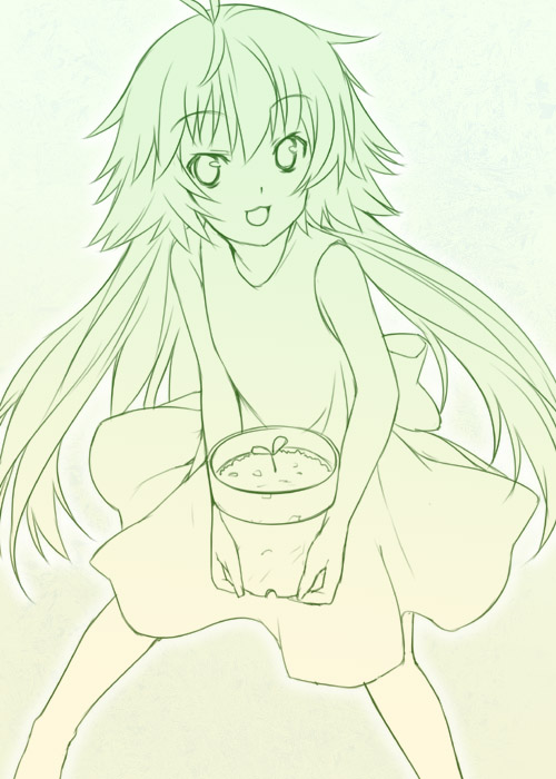 mizuki makoto, kusano, sekirei, 00s, 1girl, dress, female focus, green theme, long hair, monochrome, plant, solo, sundress, very long hair