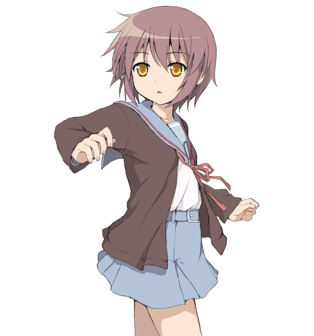 nnyu, nagato yuki, suzumiya haruhi no yuuutsu, bad id, bad pixiv id, 00s, cardigan, purple hair, school uniform, serafuku, short hair, solo, yellow eyes