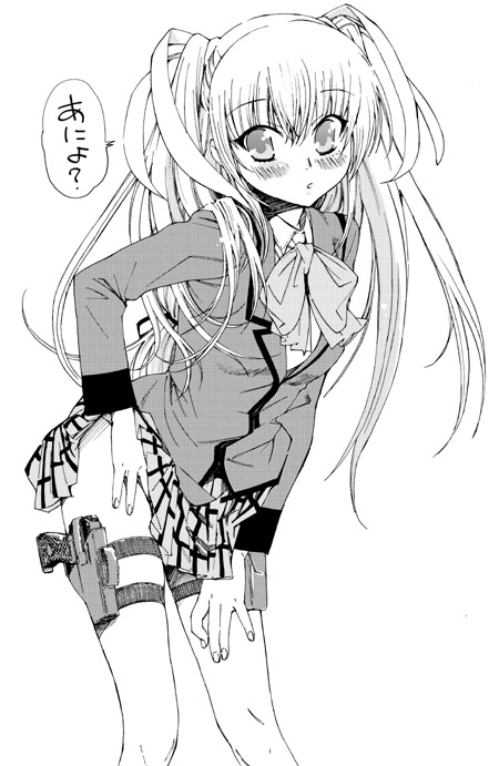 tehen, sasasegawa sasami, tokido saya, little busters!, clothes lift, greyscale, gun, handgun, holster, long hair, monochrome, pistol, school uniform, serafuku, skirt, skirt lift, solo, thigh strap, twintails, weapon
