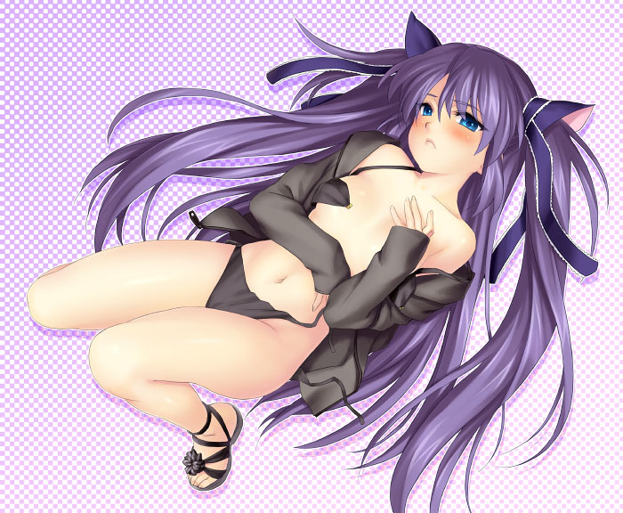 zen, sasasegawa sasami, little busters!, 1girl, black panties, blue eyes, bra, female focus, lingerie, long hair, open bra, open clothes, open shirt, panties, purple hair, sandals, shirt, side-tie panties, solo, twintails, two side up, underwear