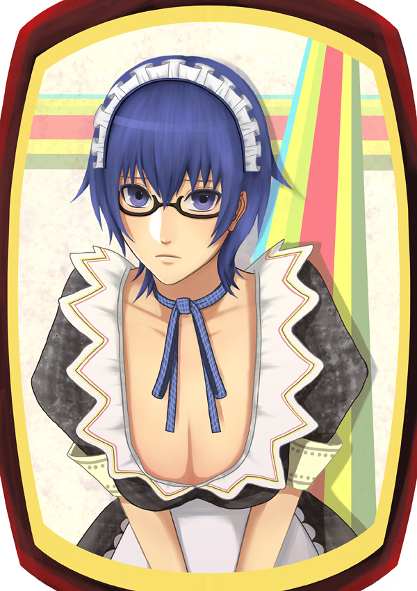 sakimori (hououbds), shirogane naoto, atlus, persona, persona 4, 1girl, androgynous, blue eyes, blue hair, breasts, choker, cleavage, female focus, glasses, large breasts, maid, matching hair/eyes, short hair, solo