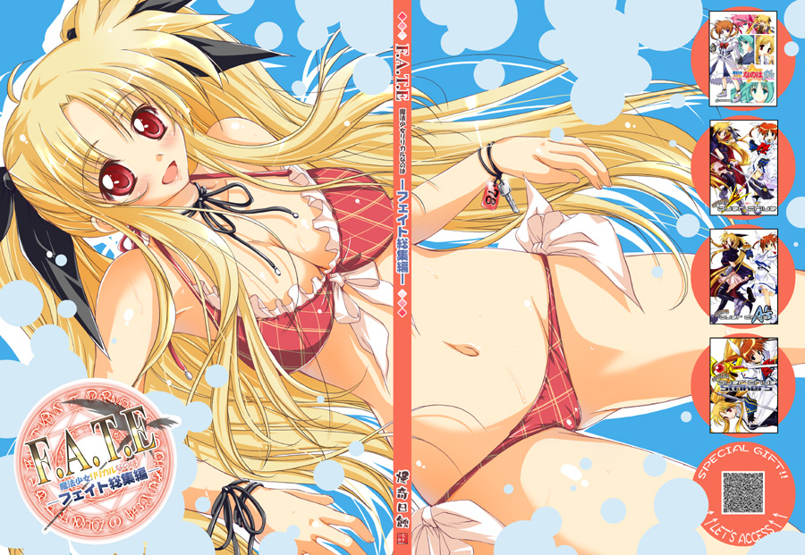 ayano naoto, fate testarossa, lyrical nanoha, mahou shoujo lyrical nanoha, mahou shoujo lyrical nanoha strikers, 00s, 1girl, bikini, blonde hair, blush, breasts, cleavage, female focus, long hair, medium breasts, red eyes, side-tie bikini bottom, solo, swimsuit, twintails, very long hair
