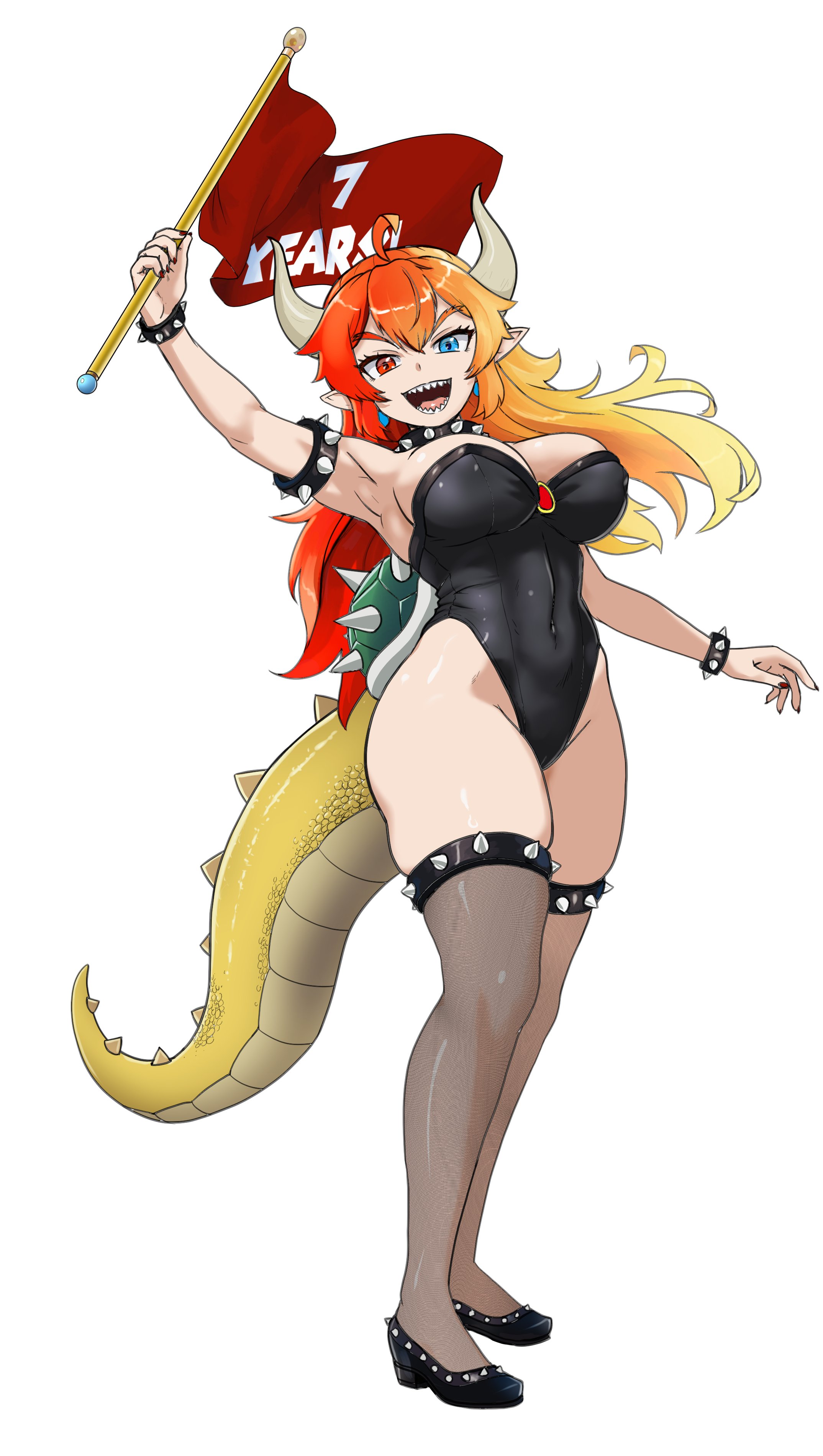 tony kuusisto, bowsette, mario (series), nintendo, absurdres, highres, 1girl, breasts, large breasts, simple background, solo, white background
