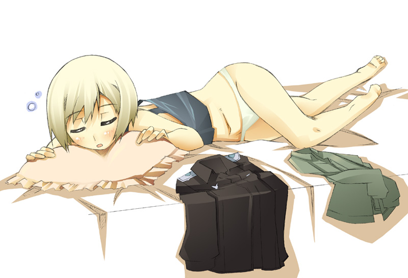 erica hartmann, strike witches, world witches series, 00s, 1girl, bottomless, clothes on floor, female focus, lying, no pants, panties, sleeping, solo, tank top, underwear, white panties