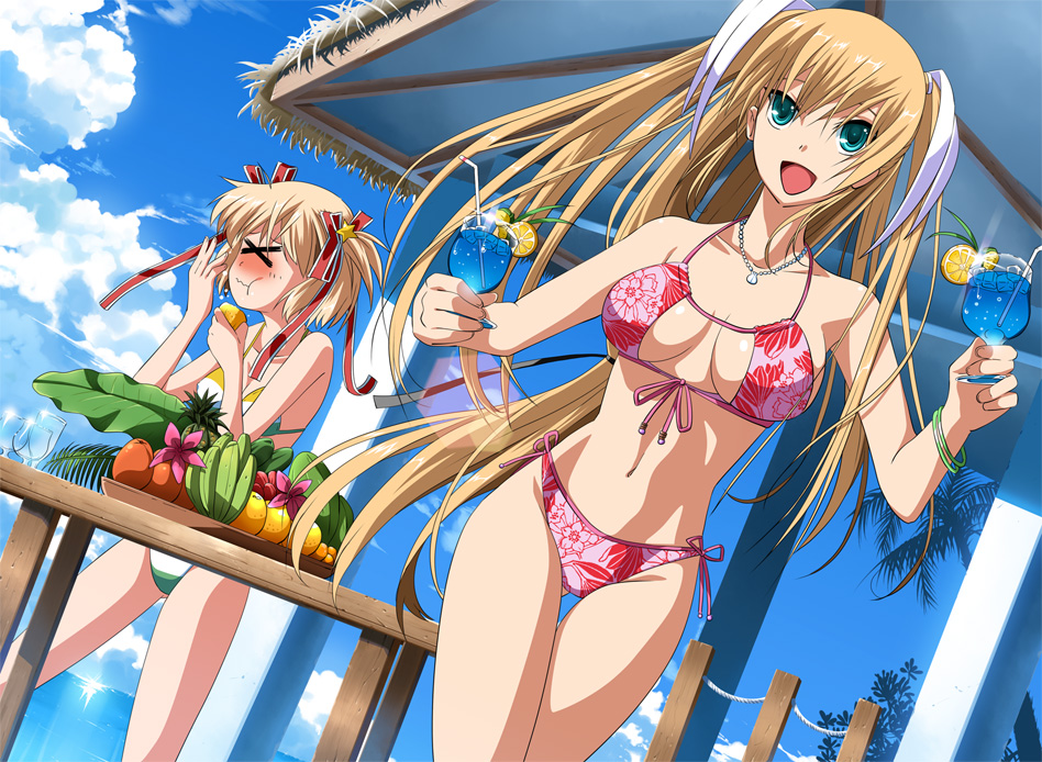 k3 (dolphin brain), kamikita komari, tokido saya, little busters!, > <, 2girls, aqua eyes, banana, beach, bikini, blonde hair, blush, bracelet, breasts, cleavage, cleavage cutout, closed eyes, clothing cutout, cloud, cocktail, day, drink, drinking straw, eyepatch bikini, food, front-tie top, fruit, hair ornament, hair ribbon, jewelry, large breasts, long hair, multiple girls, navel, necklace, open mouth, orange (fruit), orange slice, palm tree, ribbon, short hair, side-tie bikini bottom, sky, striped bikini, striped clothes, swimsuit, thigh gap, thighs, tree, twintails, very long hair