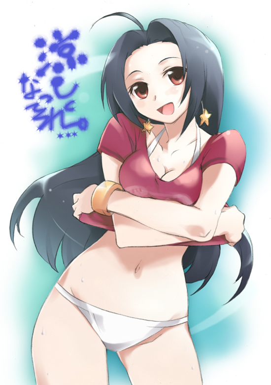duke (inu daimyou), miura azusa, idolmaster, idolmaster (classic), idolmaster 1, 00s, ahoge, blouse, breasts, cleavage, clothes lift, cowboy shot, earrings, halterneck, jewelry, midriff, panties, red shirt, shirt, shirt lift, solo, underwear, white panties