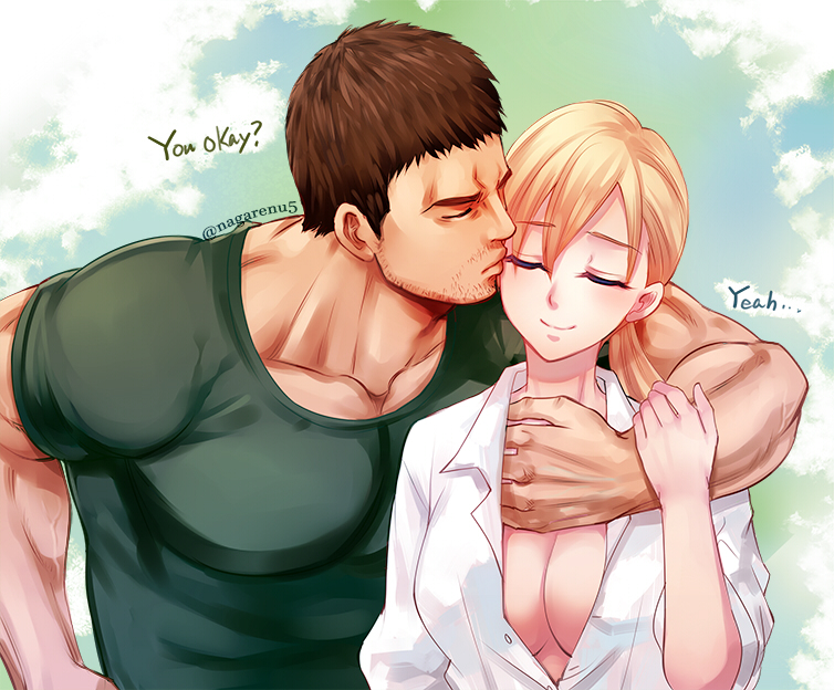 nagare, chris redfield, jill valentine, resident evil, resident evil 5, 1boy, 1girl, artist name, beard stubble, black hair, blonde hair, breasts, closed eyes, facial hair, green shirt, kiss, shirt, smile, stubble, white shirt