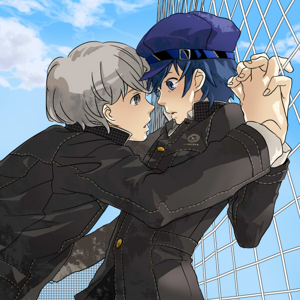 mihara (081mhrs), narukami yu, shirogane naoto, atlus, persona, persona 4, silver hair, 1boy, 1girl, androgynous, blue hair, fence, hat, hetero, holding hands, interlocked fingers, newsboy cap, reverse trap, short hair